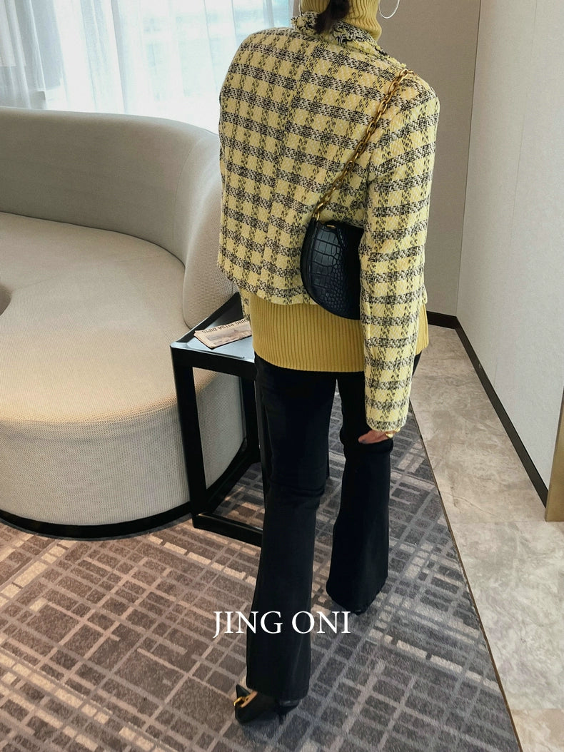 Plaid Tweed Blazer Jacket Elegant Woman Clothing 2023 Vintage Korean Fashion Style Autumn Y2K Coat Chic Crop New Tailored New GONZALES ONLINE SHOP