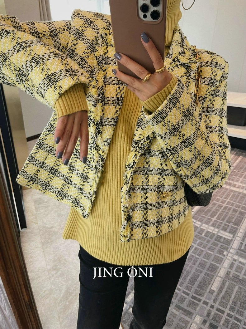 Plaid Tweed Blazer Jacket Elegant Woman Clothing 2023 Vintage Korean Fashion Style Autumn Y2K Coat Chic Crop New Tailored New GONZALES ONLINE SHOP