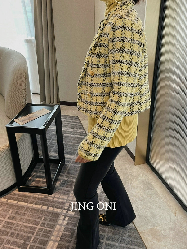 Plaid Tweed Blazer Jacket Elegant Woman Clothing 2023 Vintage Korean Fashion Style Autumn Y2K Coat Chic Crop New Tailored New GONZALES ONLINE SHOP