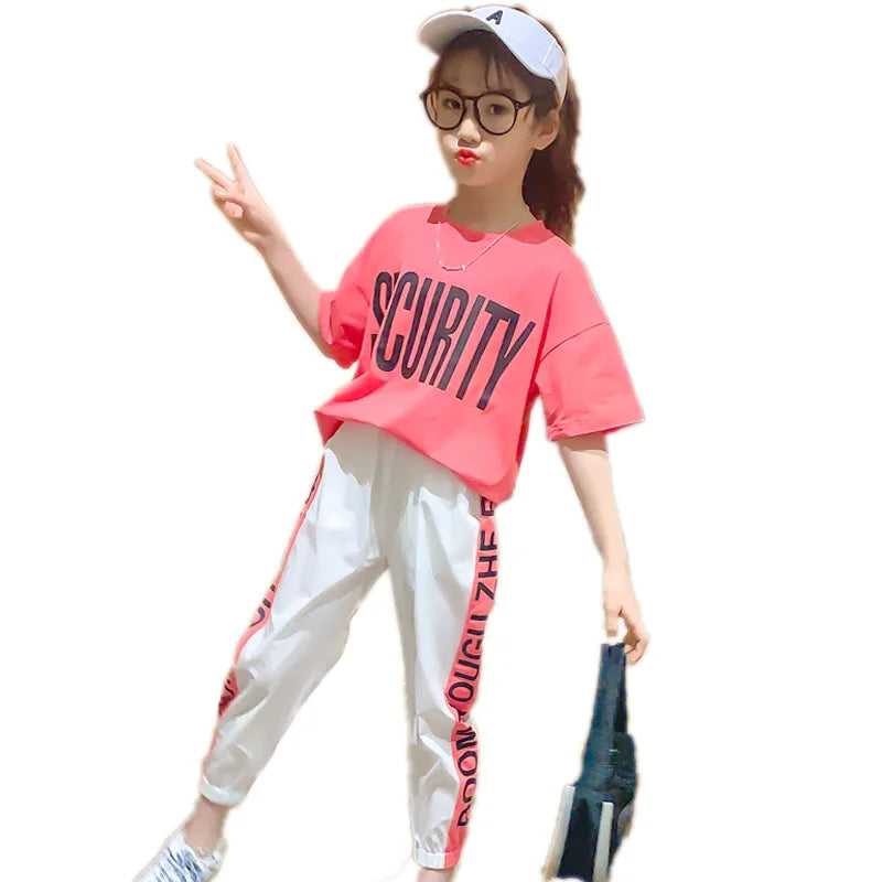 2024 Teen Girls Sport Suit letters short t-shirt + striped Pants Children Set Tracksuit Kids Leggings 5 8 12 9 14 Years Clothing GONZALES ONLINE SHOP