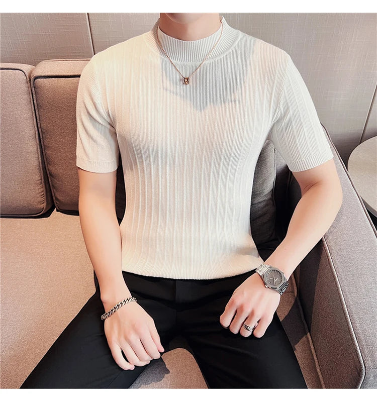 Men's High-End Casual Short Sleeve knitting Sweater/Male High collar Slim Fit Stripe Set head Knit Shirts Plus size S-4XL GONZALES ONLINE SHOP