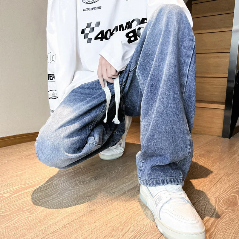 American retro drawstring jeans for men in spring and autumn fashion, washed with water, loose and versatile, men's denim pants GONZALES ONLINE SHOP