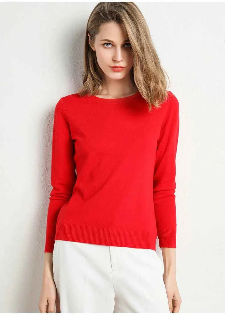 Women Slim O-Neck Solid Pullover Cashmere Wool Blending Sweater Autumn And Winter Long-Sleeved Knit Bottoming Shirt Large Size