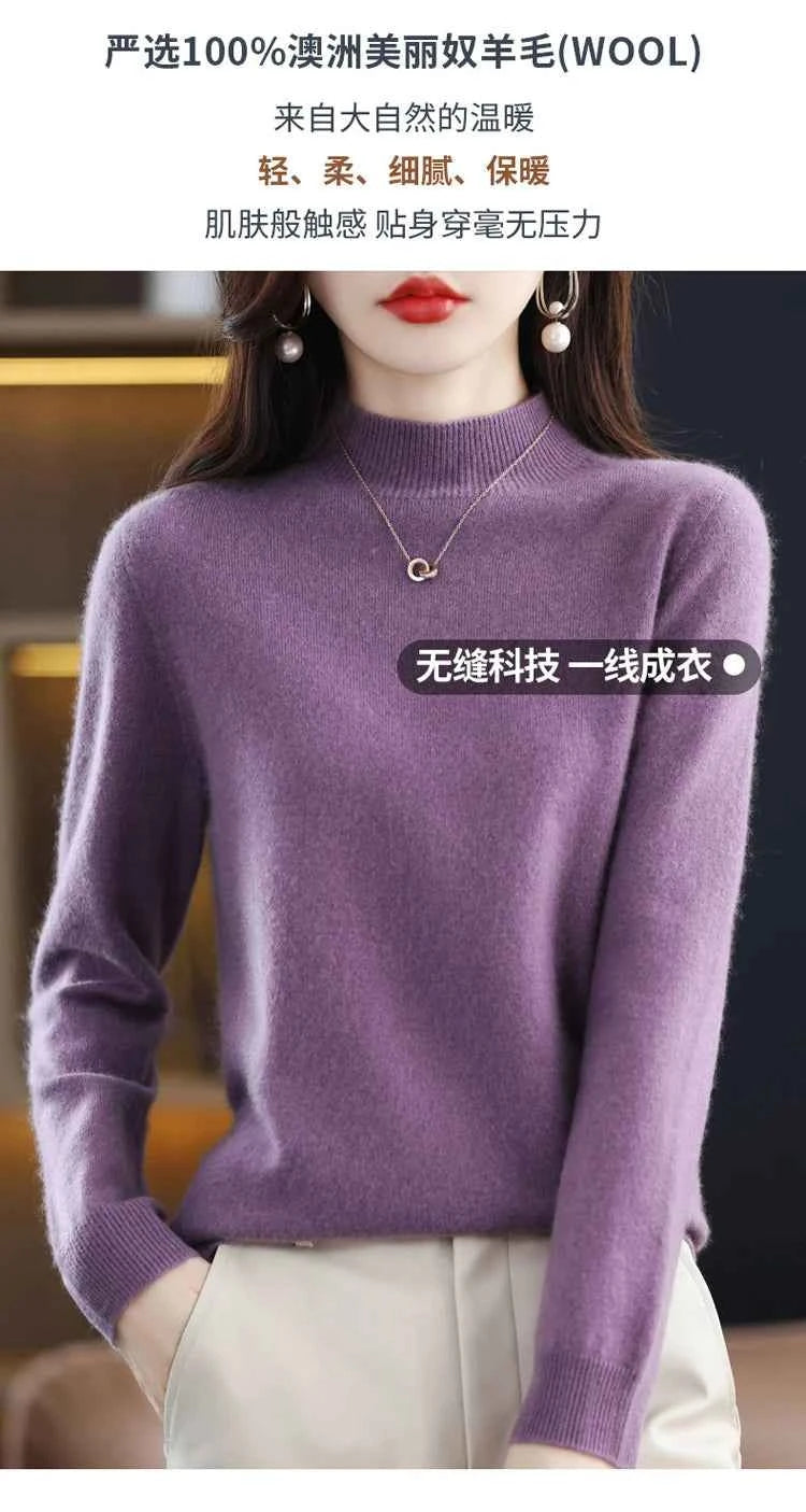 Half High Solid Color Cashmere Sweater For Women Loose Pullover Autumn and Winter Contracted Commuter Basic Knitwear Top Base