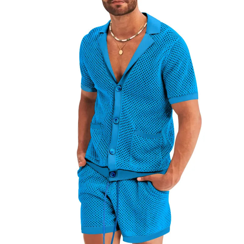 Summer New Men Shorts Mesh Hollow Out Knitted Casual Sports Lapel T-Shirt Short Sleeve Solid Beach Suit Men's 2 Pieces Set Suits GONZALES ONLINE SHOP