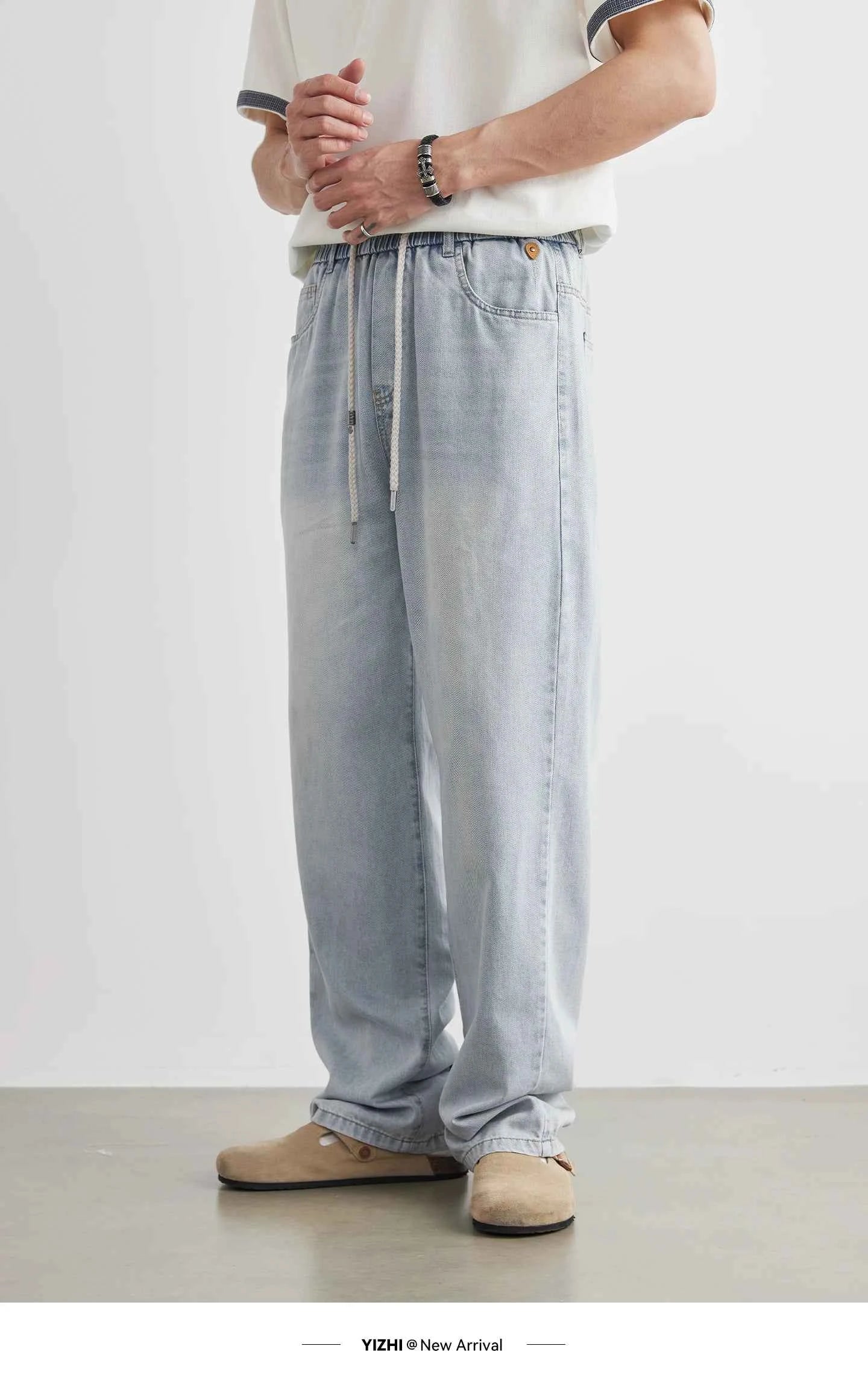 Fashion Men's Drawstring Elastic Waist Street Style Drape Jeans 2025 Summer Light Blue Washed Loose Straight Casual Pants