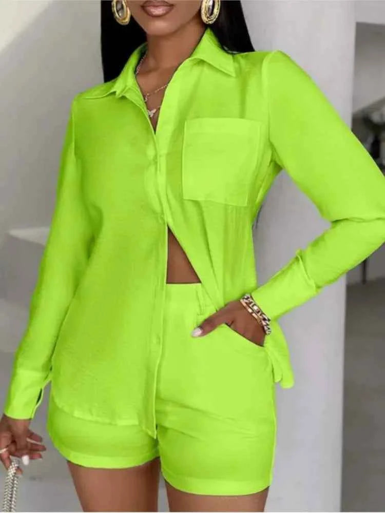 Fashion Two Piece Outfits Women's Turn-down Collar Pocket Design Button Shirt Top & Shorts Set New Summer Women Solid 2pcs Sets
