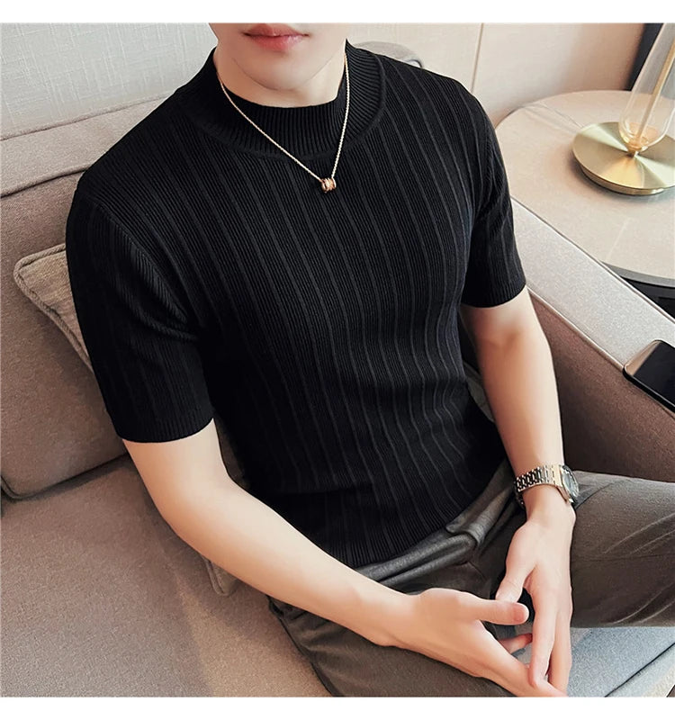 Men's High-End Casual Short Sleeve knitting Sweater/Male High collar Slim Fit Stripe Set head Knit Shirts Plus size S-4XL GONZALES ONLINE SHOP