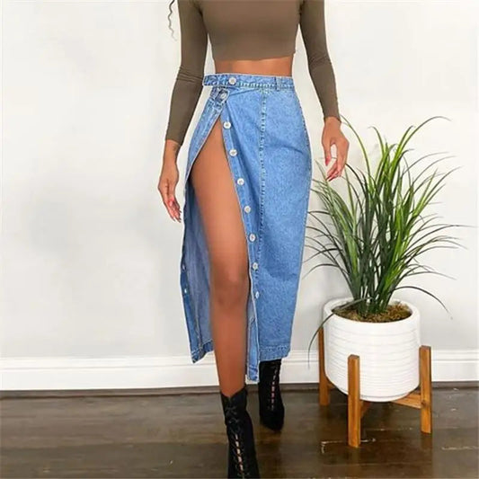 Casual Mid-Length Denim Skirt High Waist A-Line Skirt with Slit for Women Commute Pure Color Long Skirt with Button Detail GONZALES ONLINE SHOP