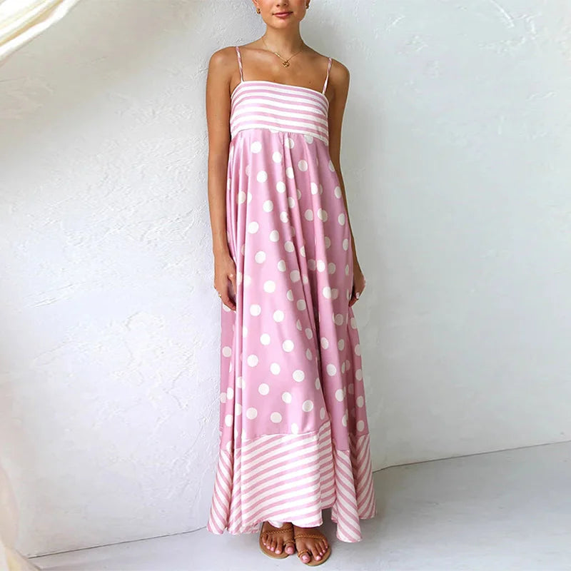 Pink Print Sling Dress Women Elegant Round Dot A Line Sleevelss Robe Female 2024 Summer Backless Elasticity Soft Dresses Lady GONZALES ONLINE SHOP