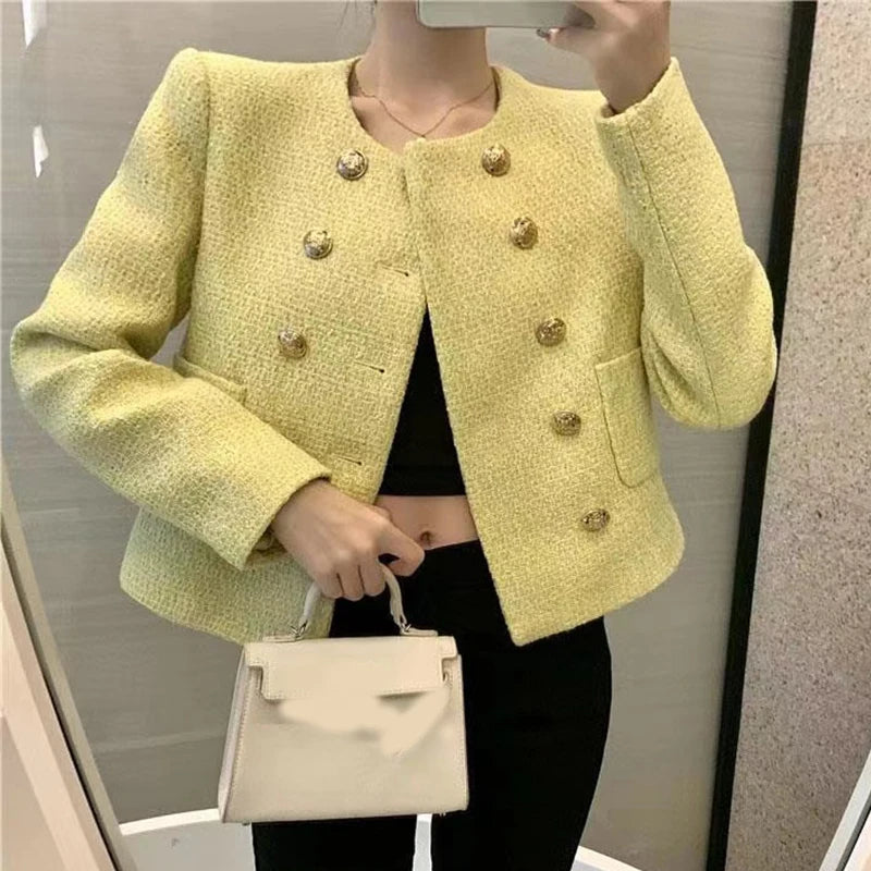 Chic Yellow Tweed Jacket Women  Autumn Double Breasted O-neck Woolen Coat Ladies Office Winter Elegant Street Outerwear GONZALES ONLINE SHOP