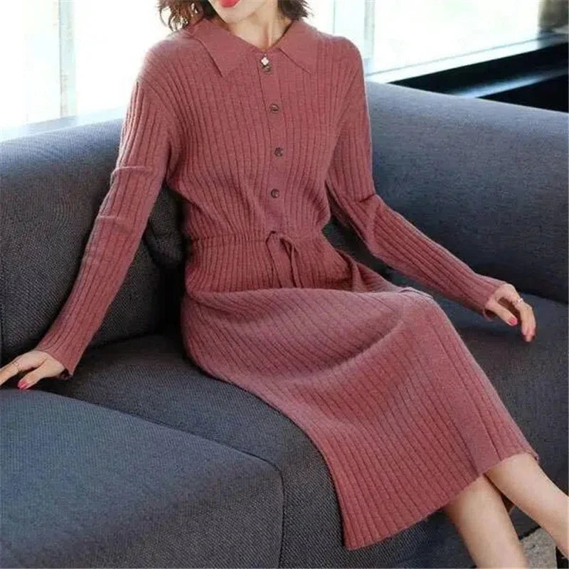 Elegant Knitted Sweater Dress Fashion Korean Long Sleeve Drawstring Waist Dresses Fall Vintage Women Mid-length Vestidos F282 GONZALES ONLINE SHOP