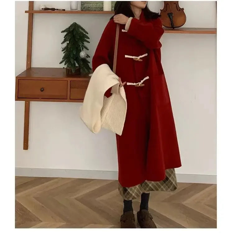 Women Chic Horn Button Long Blends Coats Solid Colors Warm Autumn Winter Coats Big Pockets Elegant Commute Outwears New Parkas GONZALES ONLINE SHOP