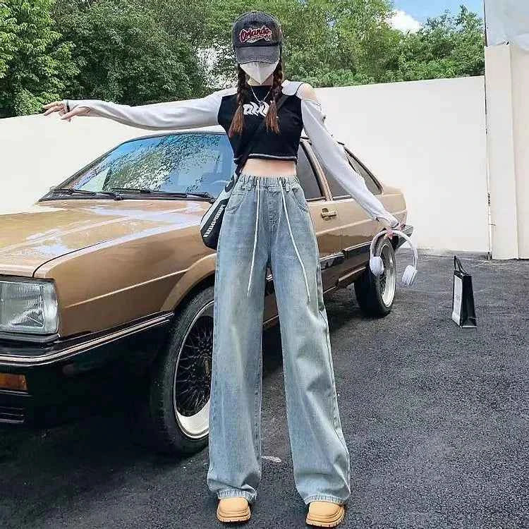 Waist Drawstring Jeans for Women in Spring Summer Korean Version Ins High Waist Slimming Student Straight Wide-leg Floor Pants