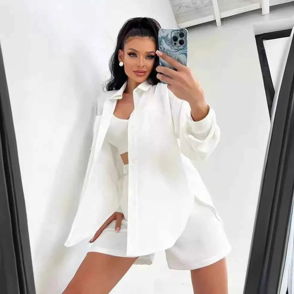 Three sisters 2025 New Summer Women's Solid Single breasted Long Sleeve Shirt Loose Fashion Casual Shorts Beach Wholesale suit