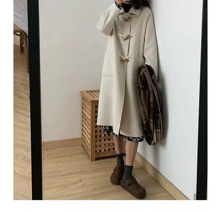 Women Chic Horn Button Long Blends Coats Solid Colors Warm Autumn Winter Coats Big Pockets Elegant Commute Outwears New Parkas GONZALES ONLINE SHOP