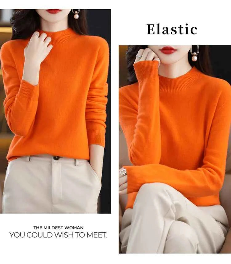 Half High Solid Color Cashmere Sweater For Women Loose Pullover Autumn and Winter Contracted Commuter Basic Knitwear Top Base