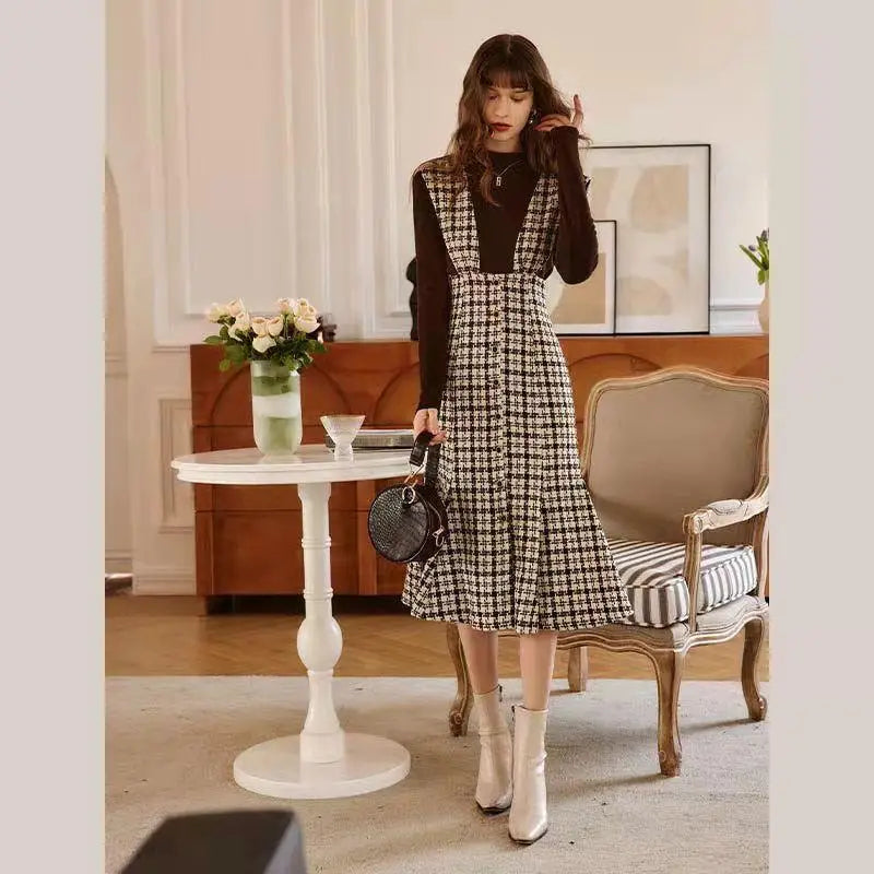 Women's Autumn Winter Fashion Sleeveless Plaid Dress Korean Lady Graceful Sweater Tops Overall Dresses 2 Piece Set 2022 Outfits GONZALES ONLINE SHOP