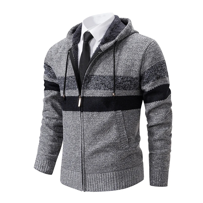 2023 New Autumn and Winter Striped Hooded Sweater Men's Coat with Velvet Padded Warm Knit Cardigan GONZALES ONLINE SHOP