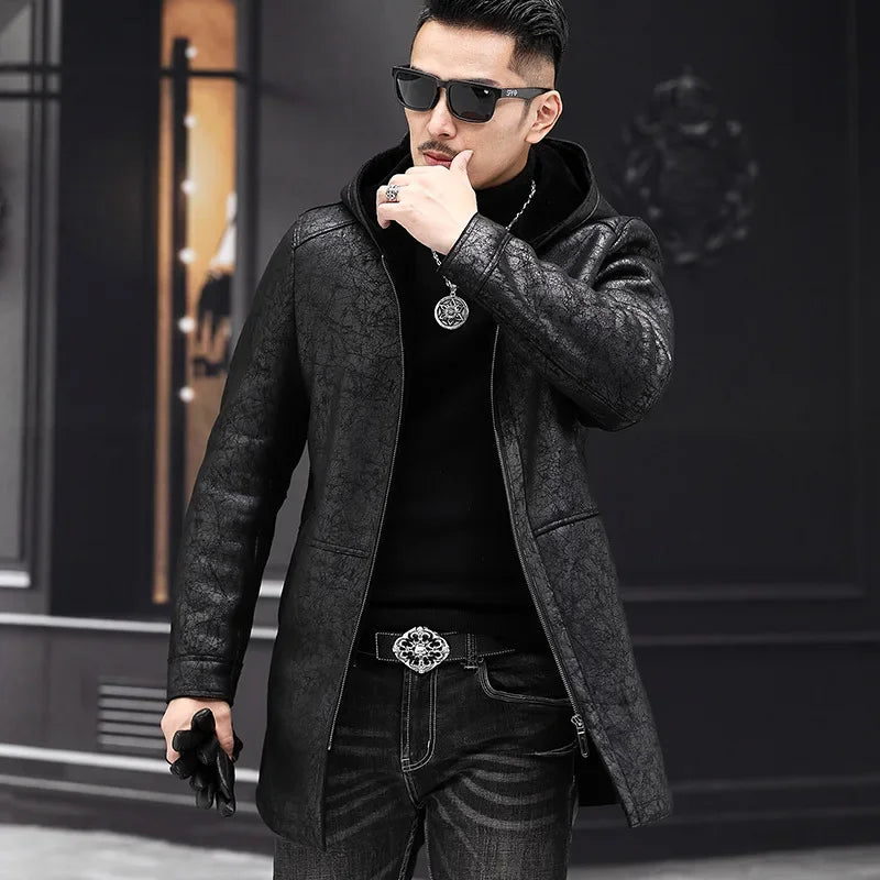 AYUNSUE Winter Coat Men 2022 Warm Hooded Jacket for Men Style 100% Wool Fur Coats Mid-length Black Wool Jackets Business Abrigos GONZALES ONLINE SHOP