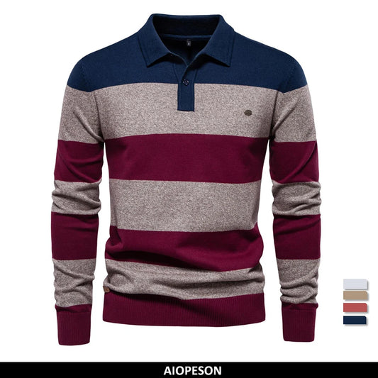 AIOPESON Mens Strip Cotton Button-up Polo Collar Sweater Knit Casual Business Sweaters for Men GONZALES ONLINE SHOP