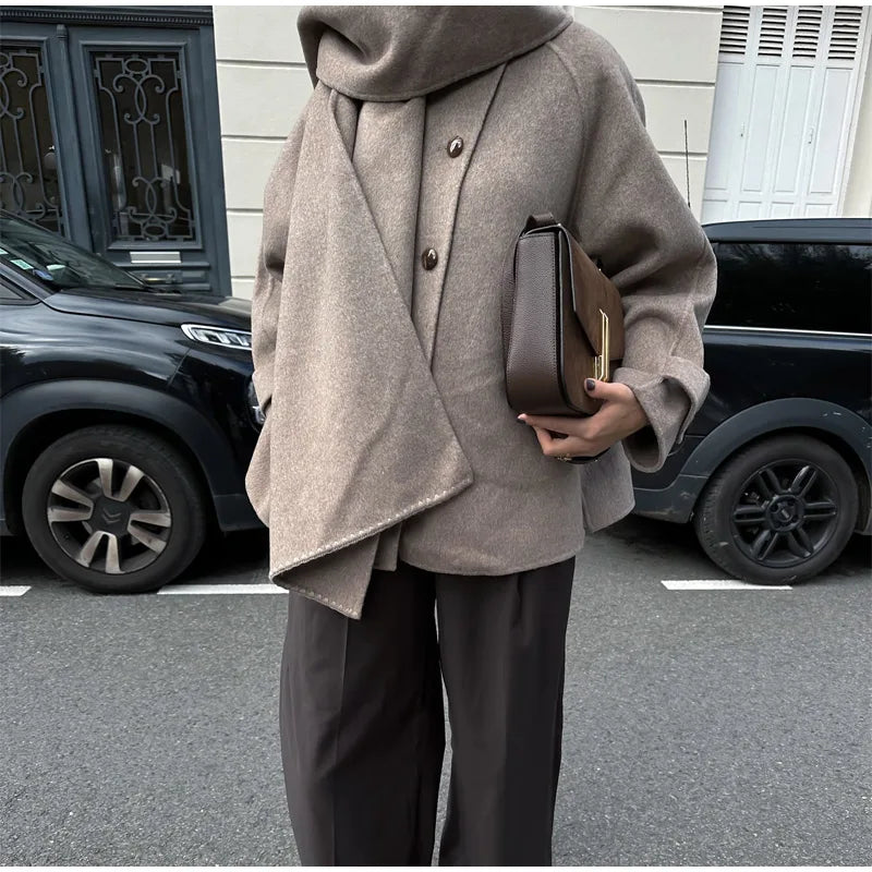 Fashion Solid Woolen Coat With Scarf Elegant Long Sleeve Single Breasted Pockets Jackets 2024 Winter Female Chic Street Outwear GONZALES ONLINE SHOP