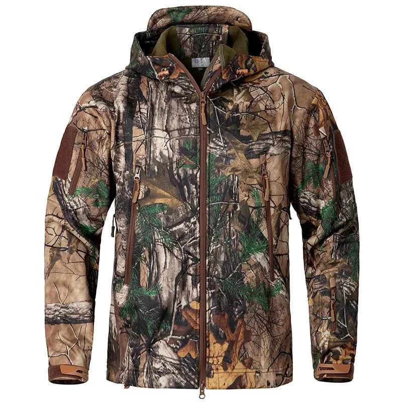 Men's Silent Soft Shell Camouflage Tactical Jacket Waterproof Warm Fleece Hunting Jackets Outdoor Hiking Fishing Hooded Coat