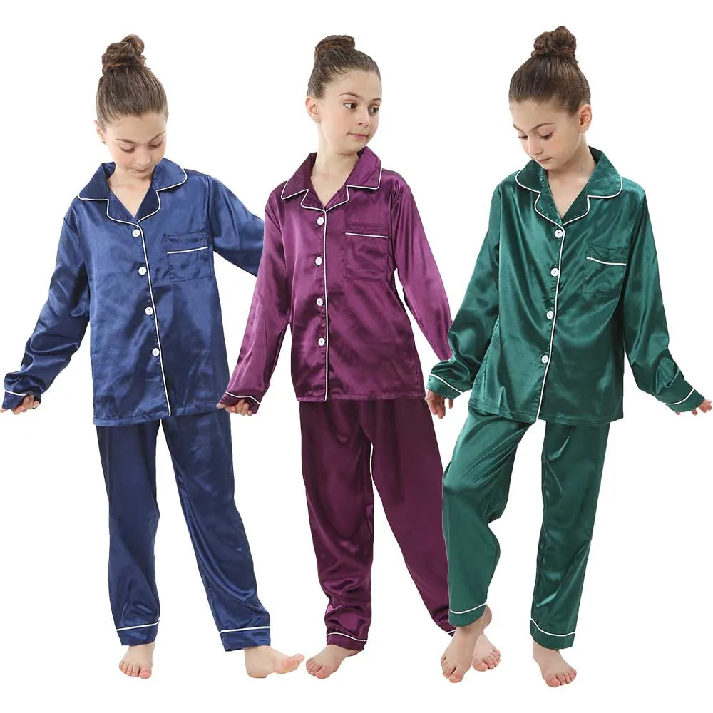 Children Silk Satin Pyjamas Set Baby Sleepwear Pijama Solid color Pajamas Suit Boys Girls Nightwear Autumn Kids Loungewear Pjs GONZALES ONLINE SHOP