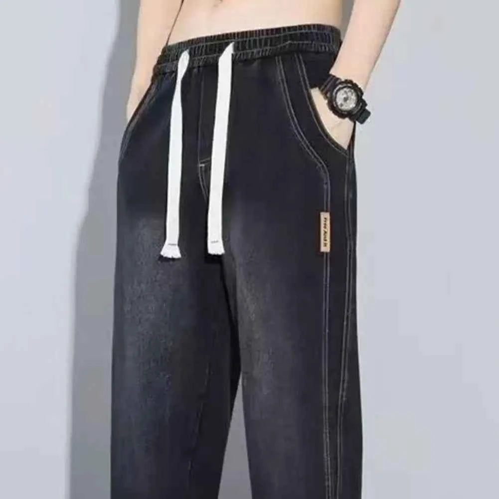 Non-deformed Men Gradient Color Jeans Versatile Men's Elastic Waist Denim Pants Adjustable Drawstring Solid Color for Casual