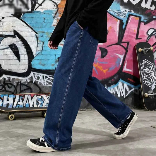 Light Wash Men's Drawstring Jeans Loose Straight Leg Floor-Length Trendy Casual Wide Leg Long Trousers Comfortable Fit