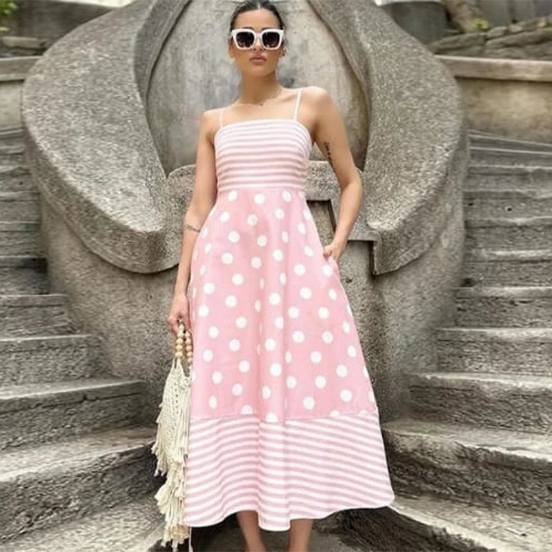 Pink Print Sling Dress Women Elegant Round Dot A Line Sleevelss Robe Female 2024 Summer Backless Elasticity Soft Dresses Lady GONZALES ONLINE SHOP