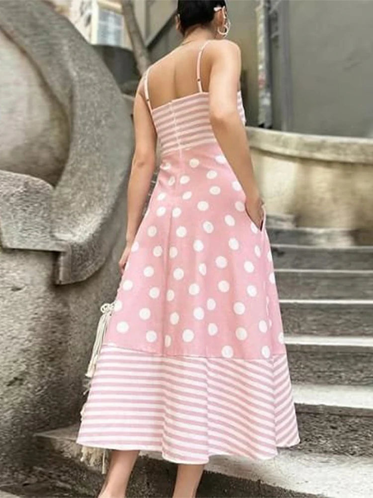 Pink Print Sling Dress Women Elegant Round Dot A Line Sleevelss Robe Female 2024 Summer Backless Elasticity Soft Dresses Lady GONZALES ONLINE SHOP