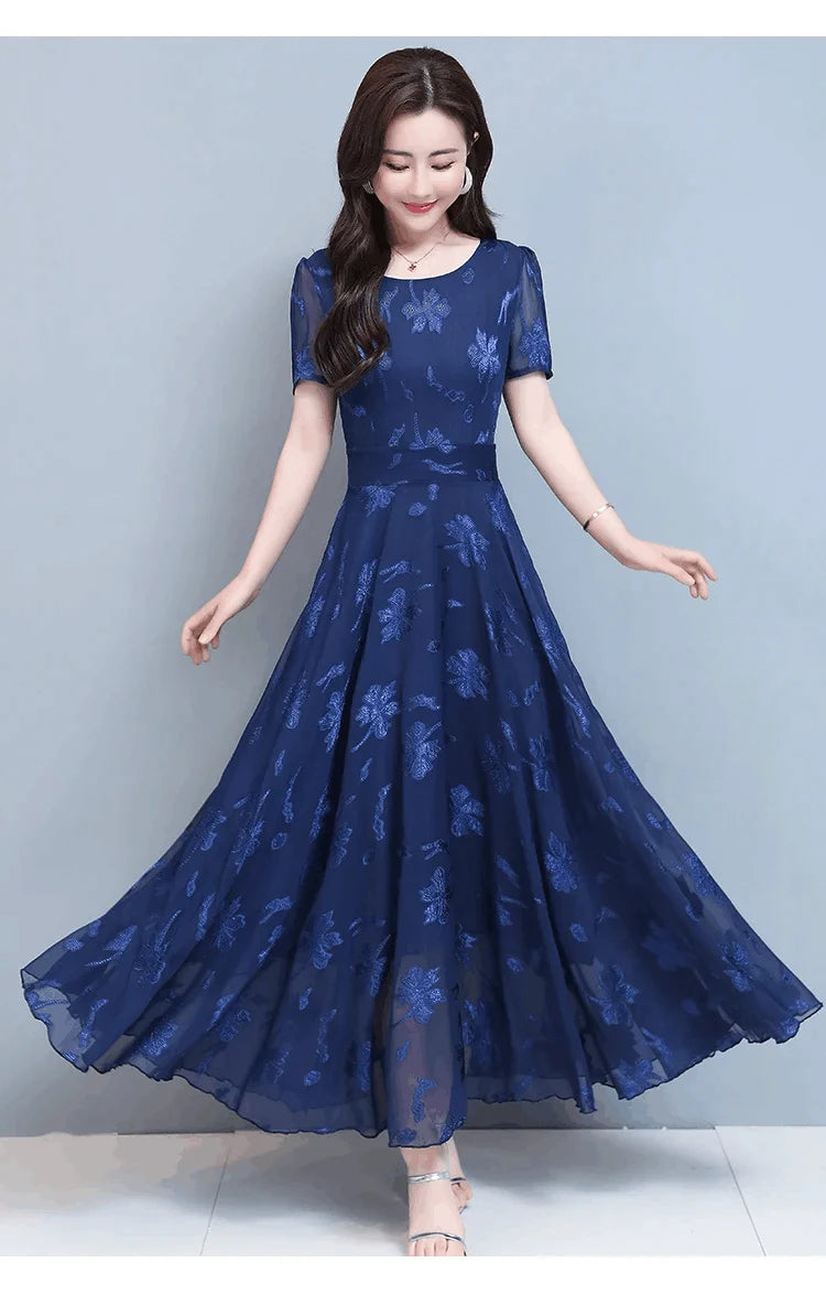 Casual Blue Clothes For Women Summer Maxi Dress 2024 New Red Chiffon O-Neck Party Elegant Boho Korean Fashion Evening Dresses GONZALES ONLINE SHOP