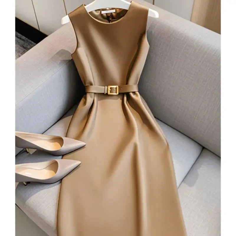 Elegant Women's Formal Dress With Belt Summer New Fashion Solid Color O-Neck Sleeveless High Waist OL Midi Party Vestidos 223P GONZALES ONLINE SHOP