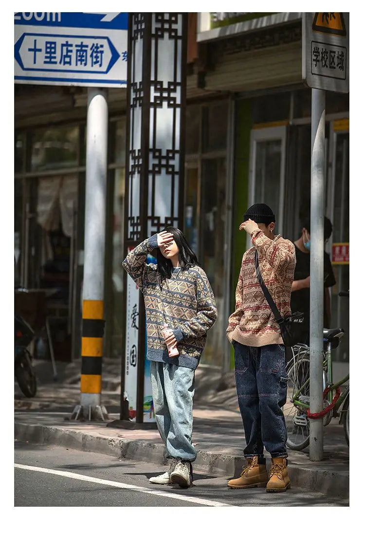 Japanese Style Outdoor Printed Sweater Couple Retro Causal Loose High Street Sweaters Jacket Men Pullovers Male Clothes GONZALES ONLINE SHOP