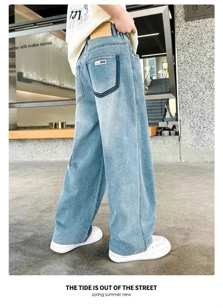 High Quality Kids Straight Fit Drawstring Jeans for Boy Girl Brief High Waist Denim Pants Unisex Child Casual Jeans Trousers