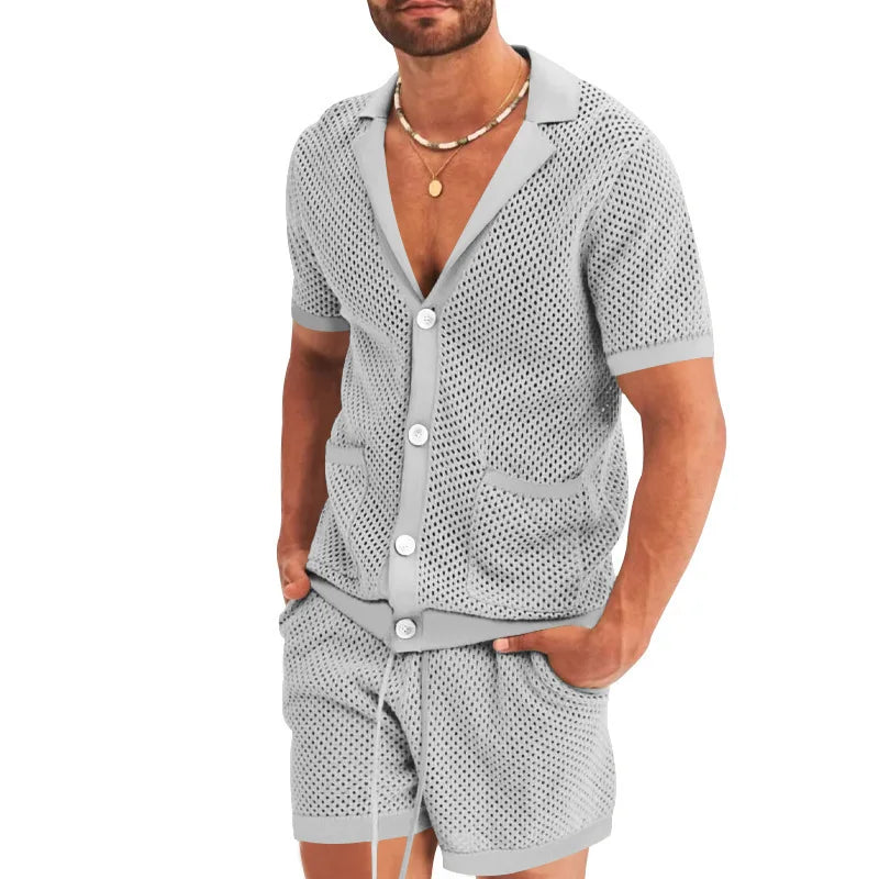 Summer New Men Shorts Mesh Hollow Out Knitted Casual Sports Lapel T-Shirt Short Sleeve Solid Beach Suit Men's 2 Pieces Set Suits GONZALES ONLINE SHOP