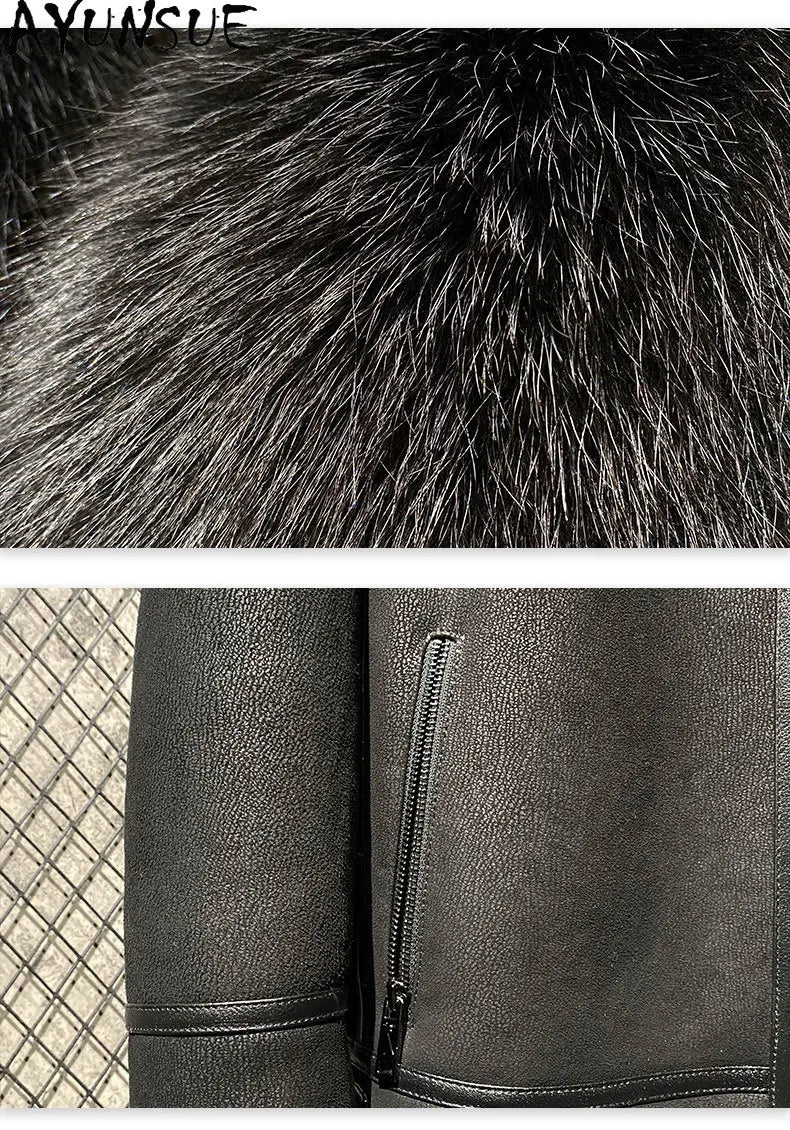 AYUNSUE Mens Natural Fur Jacket Sheepskin Genuine Leather Jacket Men Warm Real Fur Coat Winter Clothes Sliver Fox Fur Collar GONZALES ONLINE SHOP