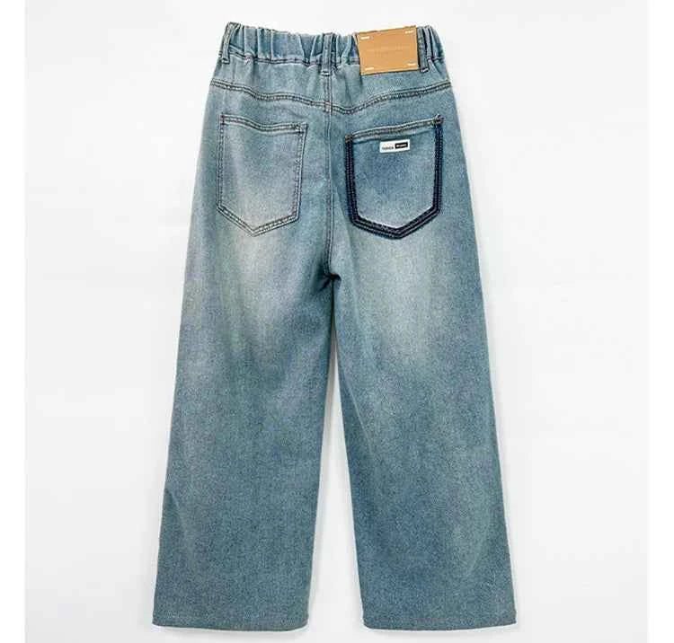 High Quality Kids Straight Fit Drawstring Jeans for Boy Girl Brief High Waist Denim Pants Unisex Child Casual Jeans Trousers