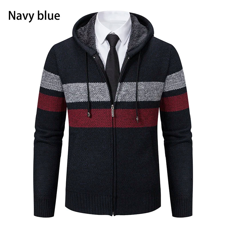 2023 New Autumn and Winter Striped Hooded Sweater Men's Coat with Velvet Padded Warm Knit Cardigan GONZALES ONLINE SHOP