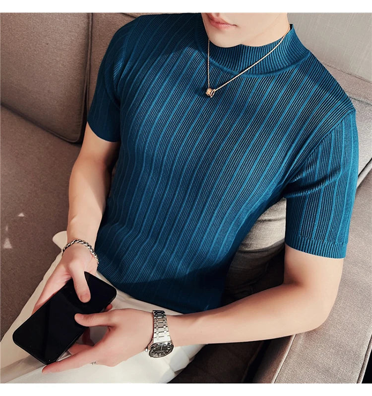 Men's High-End Casual Short Sleeve knitting Sweater/Male High collar Slim Fit Stripe Set head Knit Shirts Plus size S-4XL GONZALES ONLINE SHOP