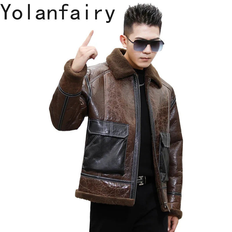 YOLANFAIRY Genuine Sheepskin Jacket Mens Real Fur Coat Winter Clothes Cropped Leather Jacket Men Wool Jacket Men Бомбер 2024 GONZALES ONLINE SHOP