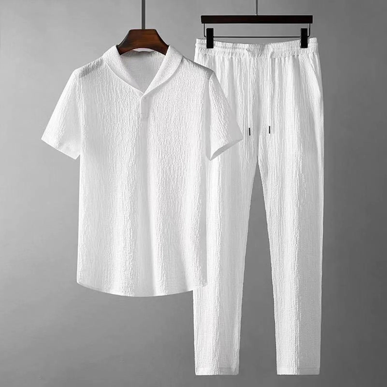 Men Casual Outfit Solid Color Homewear Chinoiserie Summer Two Piece Short Sleeve T Shirt Drawstring Pants Set Men Clothing Suit GONZALES ONLINE SHOP