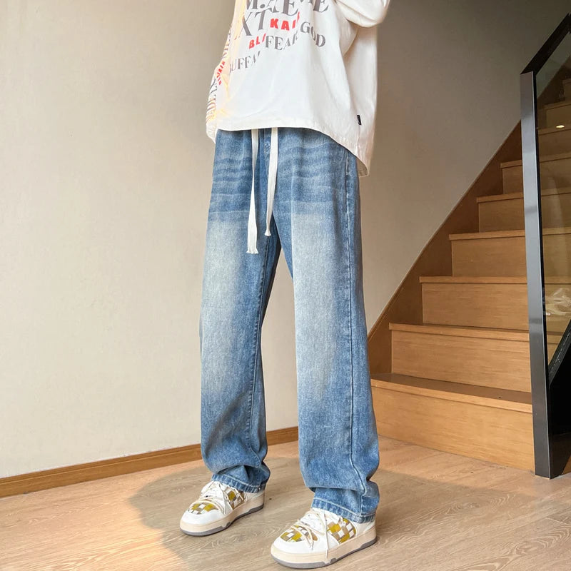 American retro drawstring jeans for men in spring and autumn fashion, washed with water, loose and versatile, men's denim pants GONZALES ONLINE SHOP