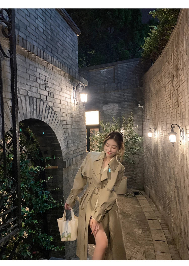 Autumn Winter Khaki Long Trench Coat for Women 2024 Jacket Elegant Outerwear Turn-down Collar Tie Belt Korean Chic Windbreaker GONZALES ONLINE SHOP