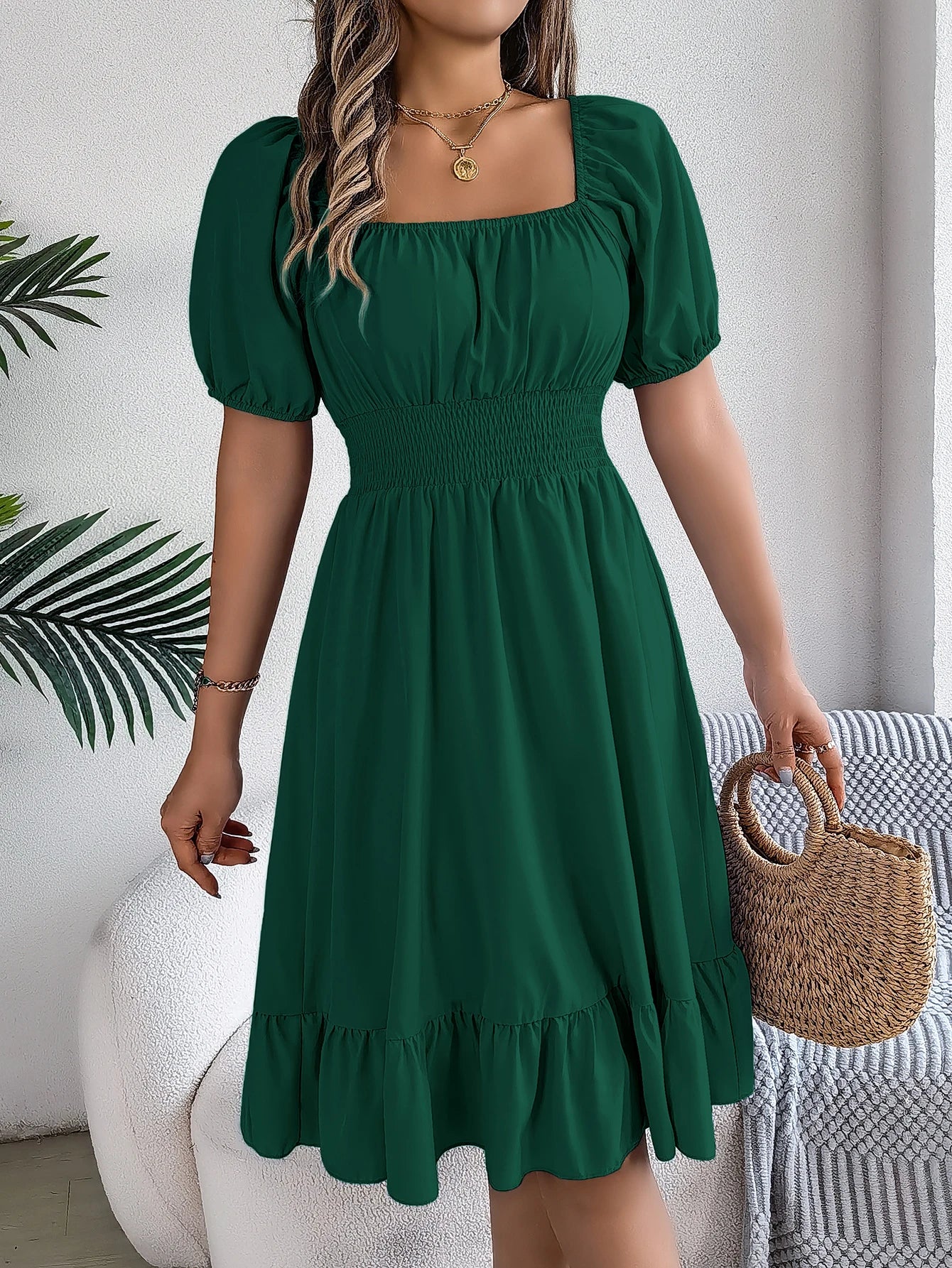 2024 New Fashion Solid Puff Sleeve Square Neck Ruched Bust Ruffle Hem Wasit Dress, Women's Clothing GONZALES ONLINE SHOP