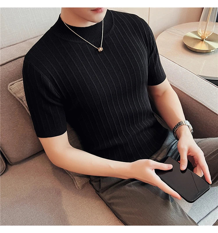 Men's High-End Casual Short Sleeve knitting Sweater/Male High collar Slim Fit Stripe Set head Knit Shirts Plus size S-4XL GONZALES ONLINE SHOP