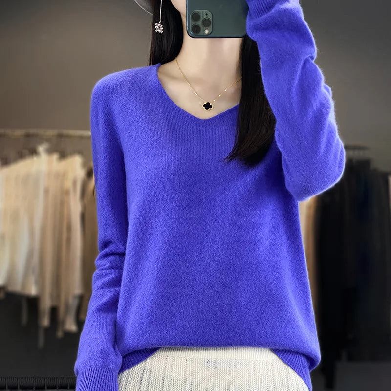 Women 100% Merino Wool Sweater V-Neck Basic Pullover Autumn Winter Cashmere Clothing Long Sleeve Soft Knitwear Tops Solid Color GONZALES ONLINE SHOP