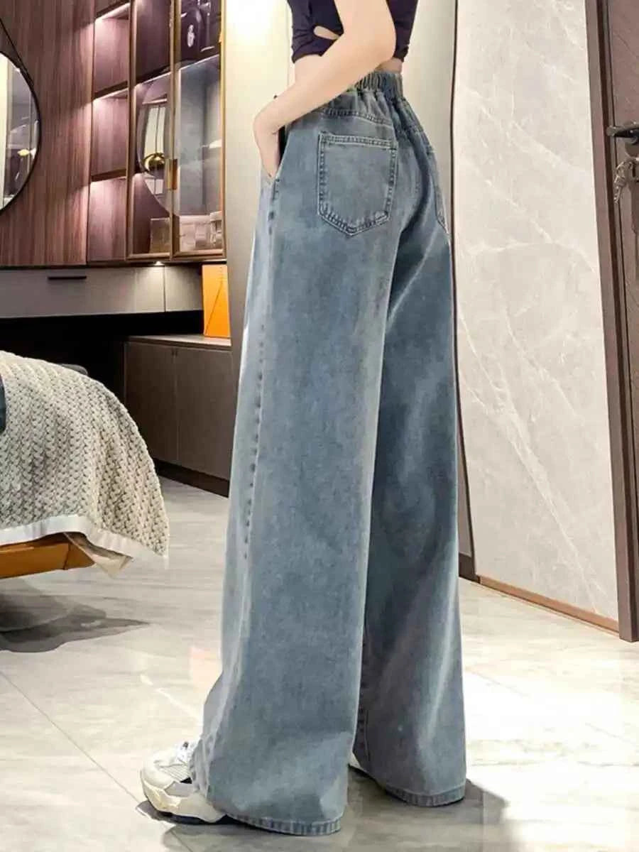 High Waist Straight Leg Dstring Jeans Women's Spring Autumn Slimming Drapey Lazy Sle Floor Length Trousers