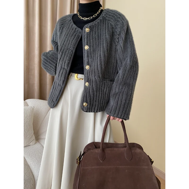 Water Ripple Luxury French Fake Fur Gray Women Coat Small Fragrance Loose Simple Long Sleeve O Neck Elegant Chic Casual Coat GONZALES ONLINE SHOP